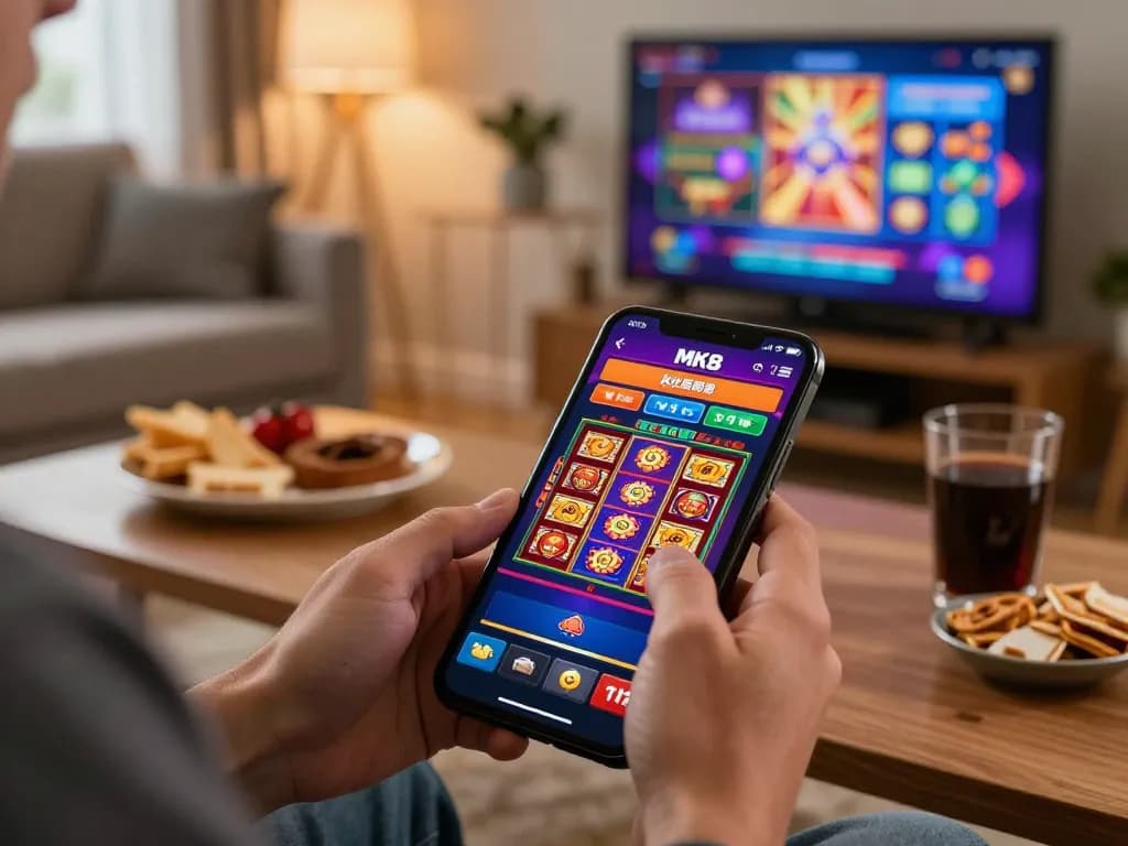 Engaging with MK8 gaming app in a cozy home setting, showcasing vibrant online casino action.