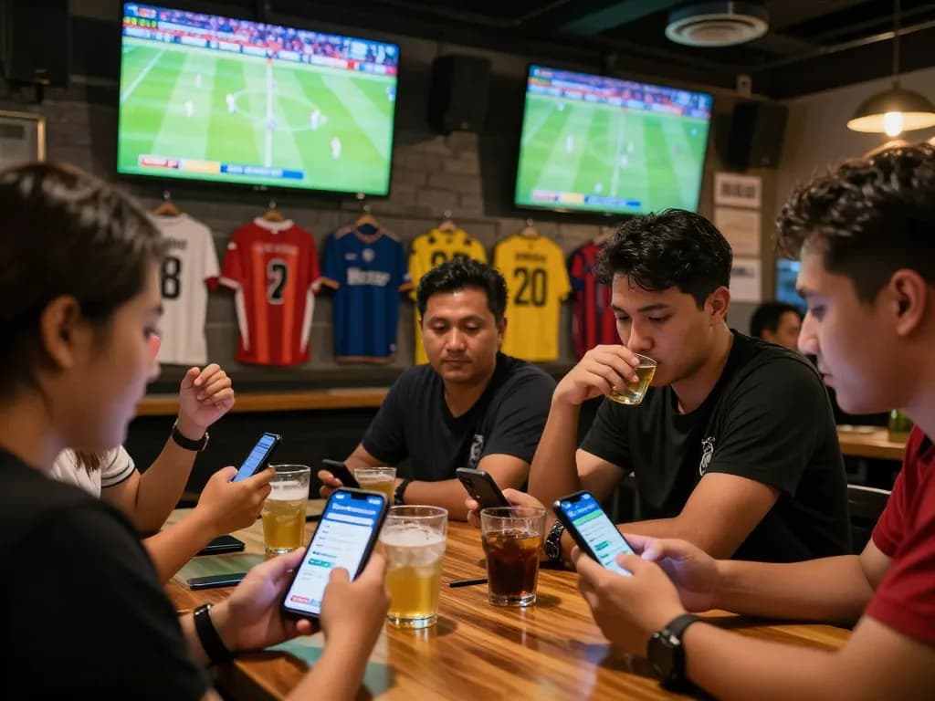 Fans discussing live sports betting strategies using the keonhacai8 app in a lively bar.