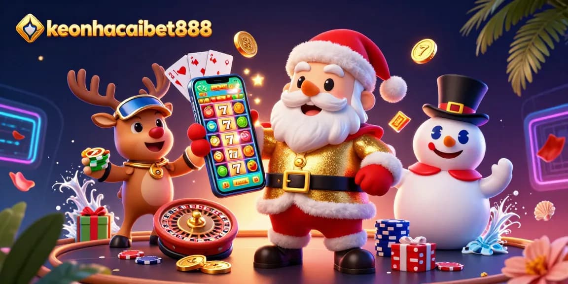 Engage with keonhacaibet888 as Santa plays jackpot slots amidst casino excitement.