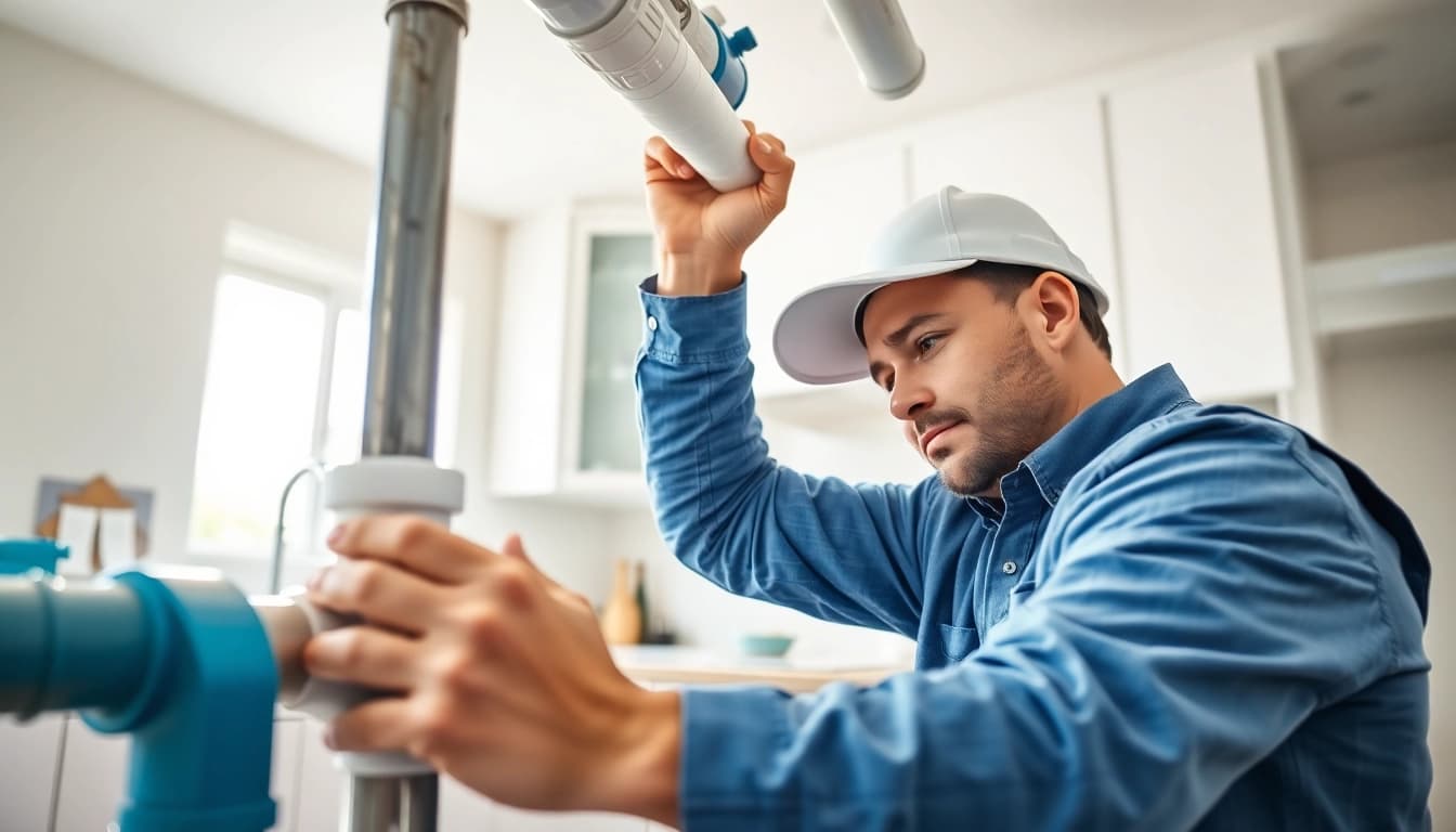 Explore whole house repiping services Tampa with a plumber inspecting new pipes in a bright kitchen.