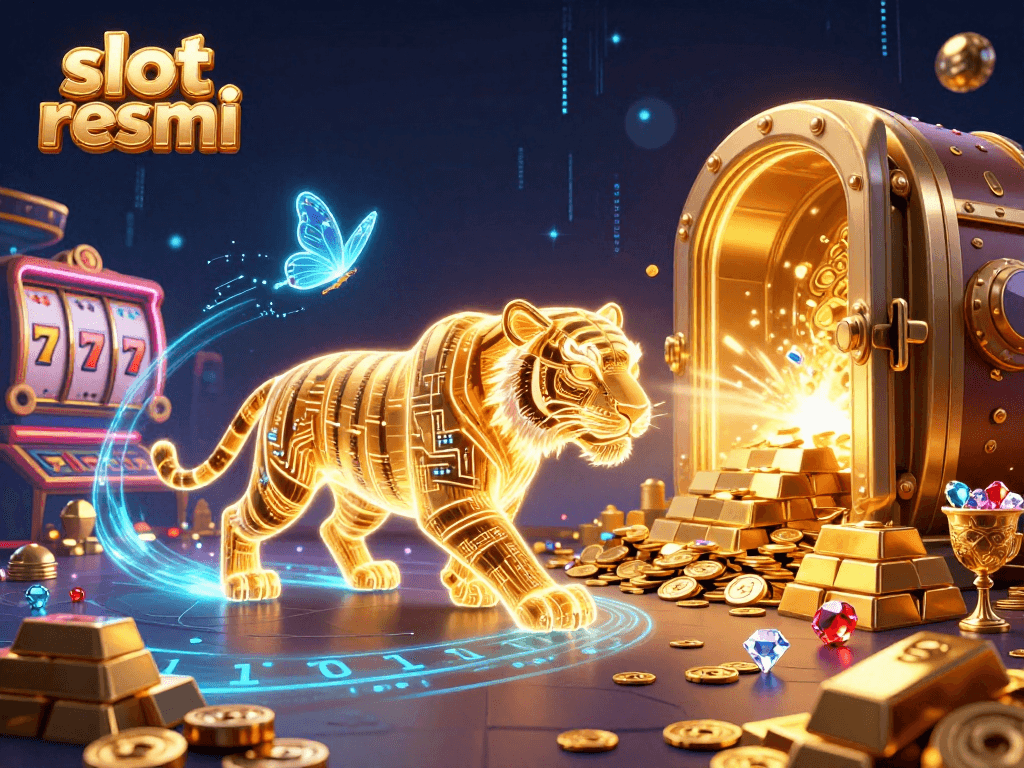 Play and win with slot resmi in a vibrant, detailed casino illustration filled with slot elements.