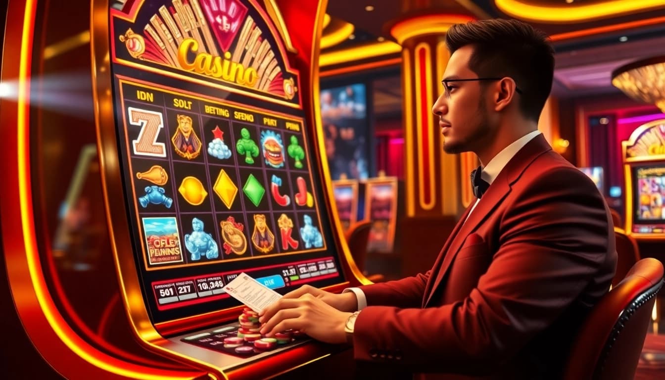 Excited player engaging with an IDN slot machine in a luxurious casino setting.