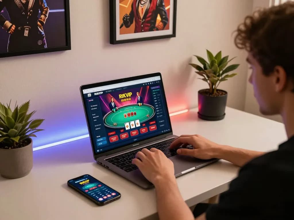Engaging online gaming scene showcasing RIKVIP on laptop, reflecting strategic gameplay.