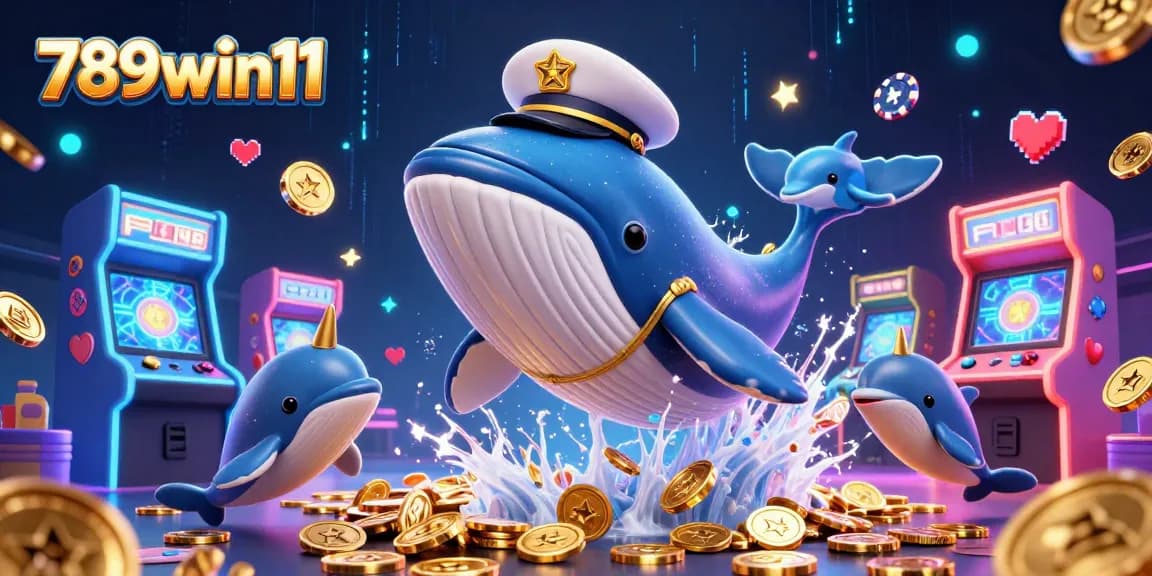 Winning with 789win11's dynamic gaming scene featuring a cartoon whale and poker chip dolphins.