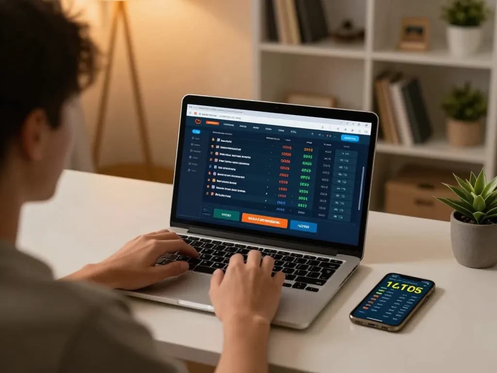 Kèo nhà cái hôm nay featuring a person engaged in sports betting online with a laptop and mobile device in a cozy home setting.
