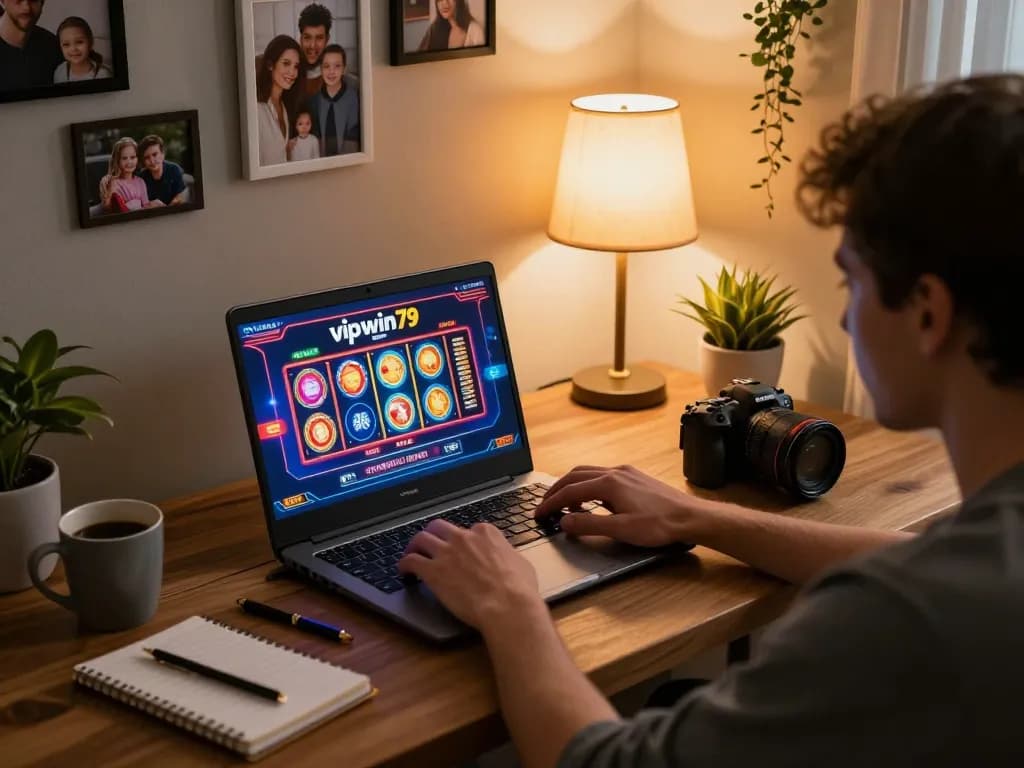 Engaging online gaming moment on vipwin79 platform with player focused on laptop.