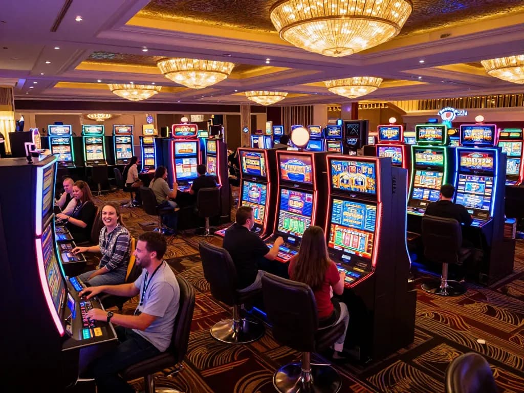 Players enjoying vibrant slot888 games, celebrating wins with excitement and energy in a lively casino atmosphere.