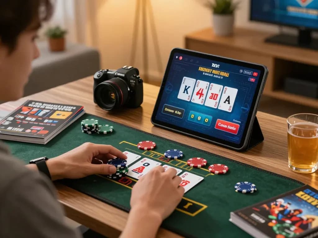 Engaging in strategic online casino gameplay featuring 789 in a cozy home environment.