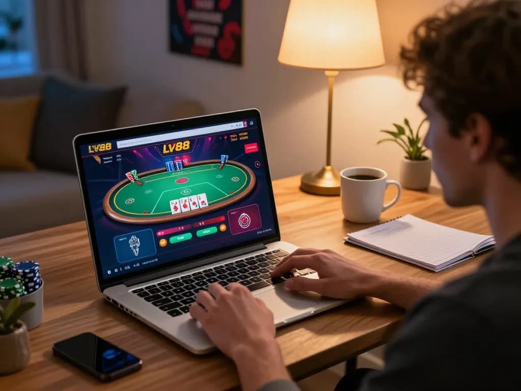 Player engaging with the LV88 casino online, showcasing poker game strategy in a cozy setup.