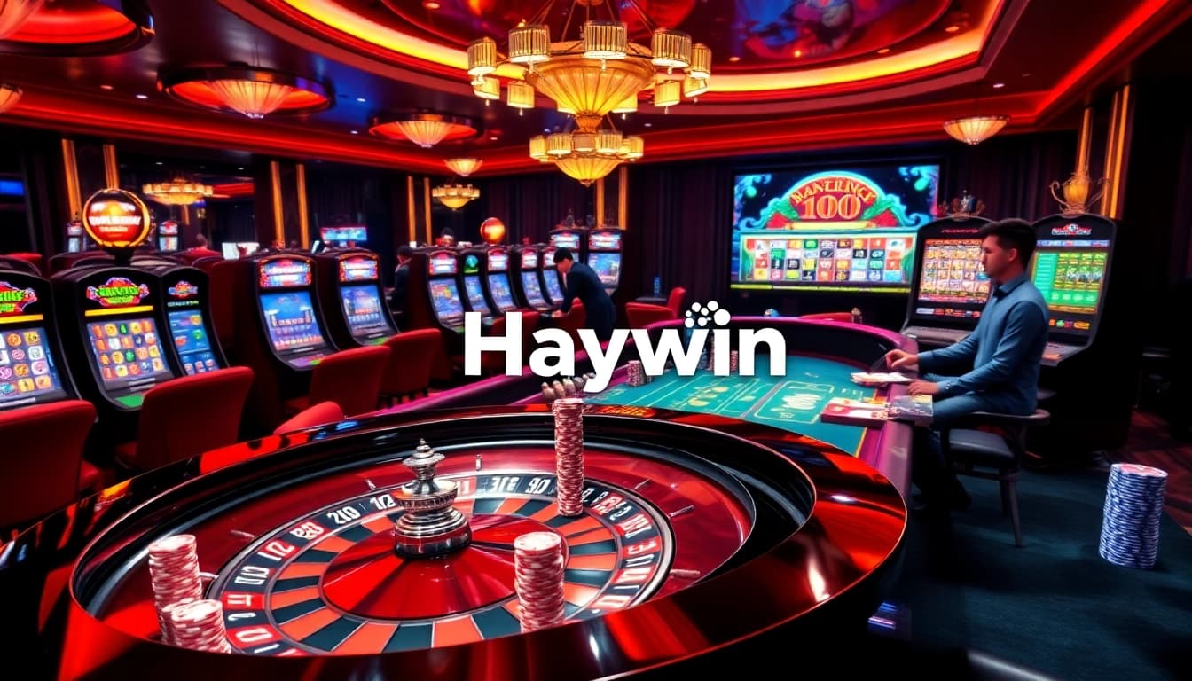 Haywin players engage with exciting casino games and online interfaces in a vibrant atmosphere.