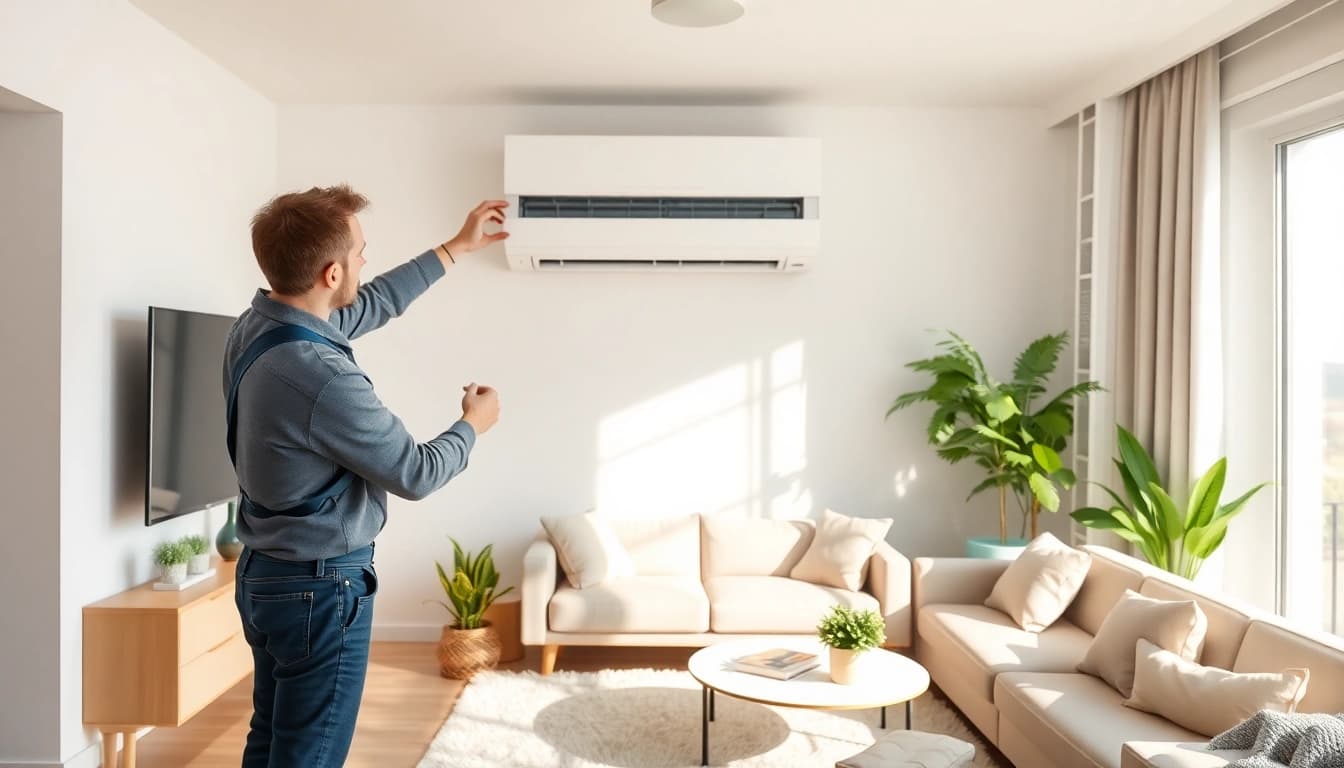 A technician installing a mini split ac in a modern living room, showcasing sleek design and comfort.