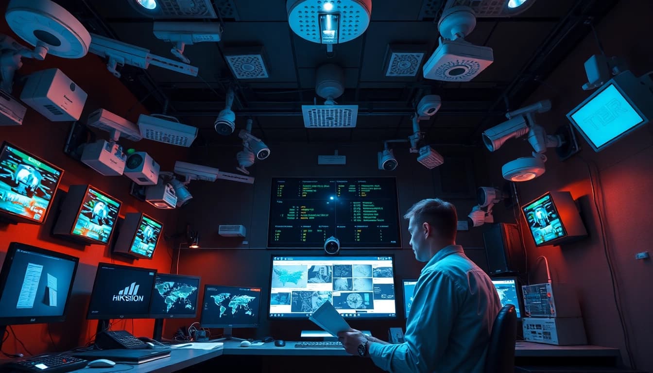Soporte técnico en cámaras de seguridad destacado en una moderna sala de control de seguridad con tecnología de vigilancia avanzada.