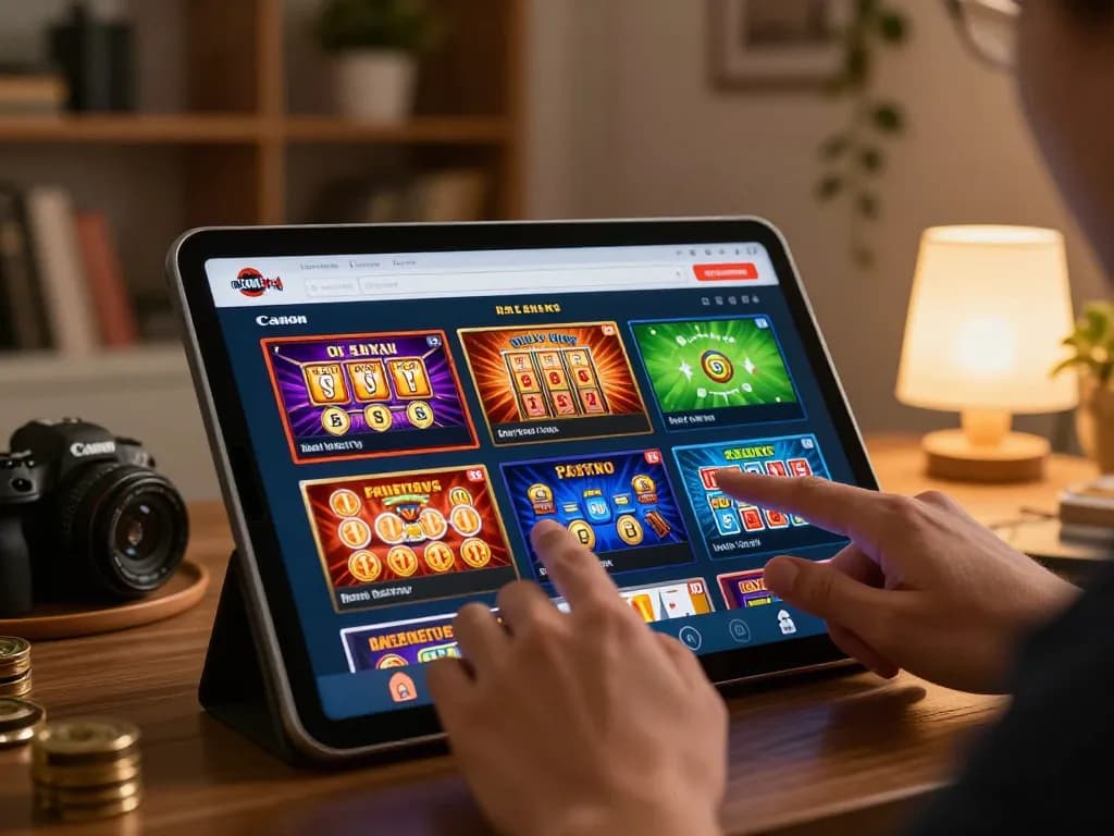 Player engaging with rik vip online casino on tablet, showcasing various game options in a cozy home setting