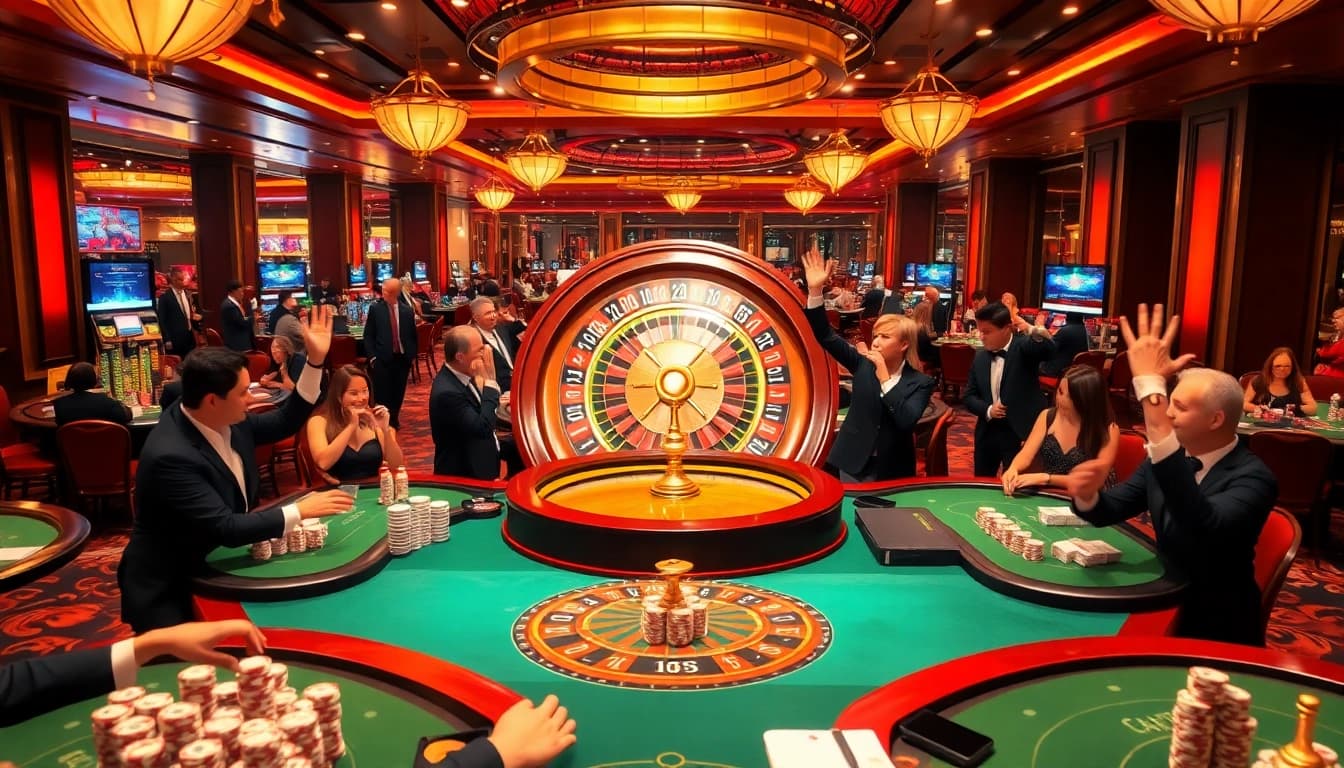 Excited players celebrating their wins at壹發娛樂 casino, featuring poker tables, roulette wheel, and vibrant atmosphere.