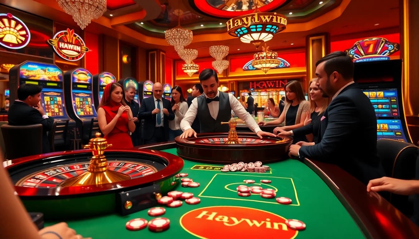 Players enjoy exciting games at Haywin casino, featuring vibrant roulette and sparkling slot machines.