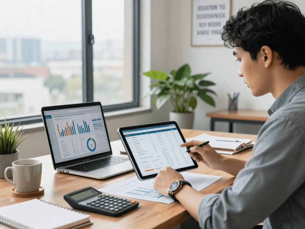 Professional managing personal finance using debet app on tablet at a vibrant office.