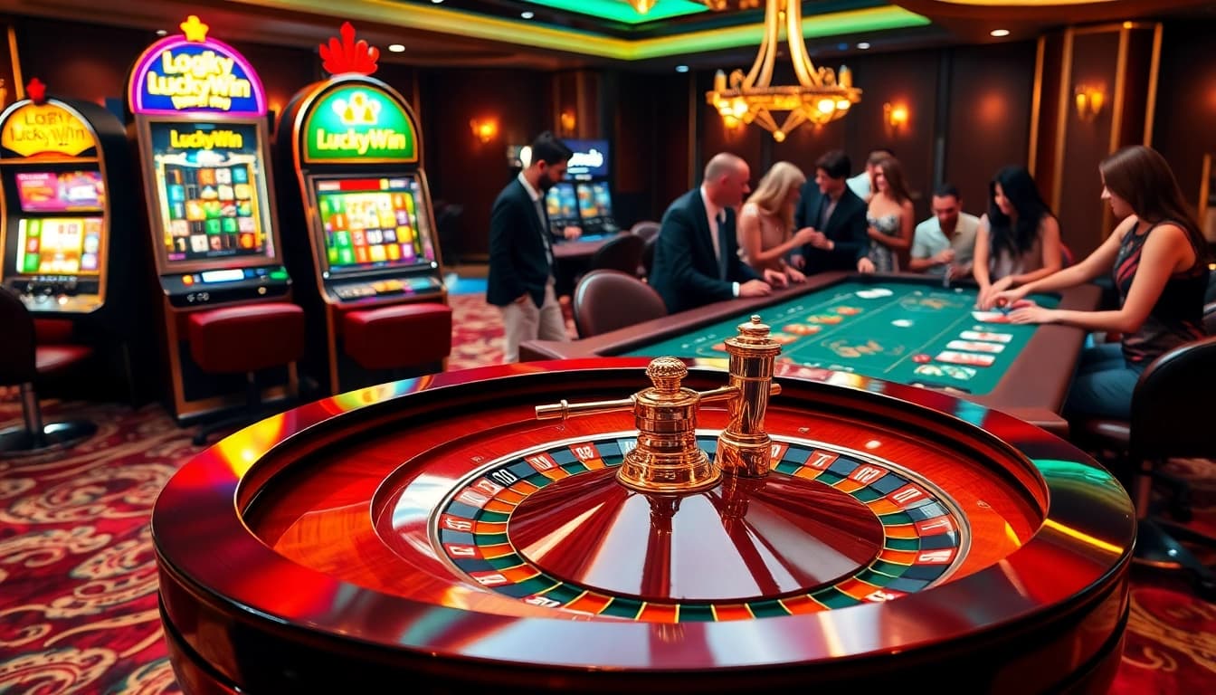 Experience the thrill of LuckyWin with an upscale casino scene showcasing roulette and poker.