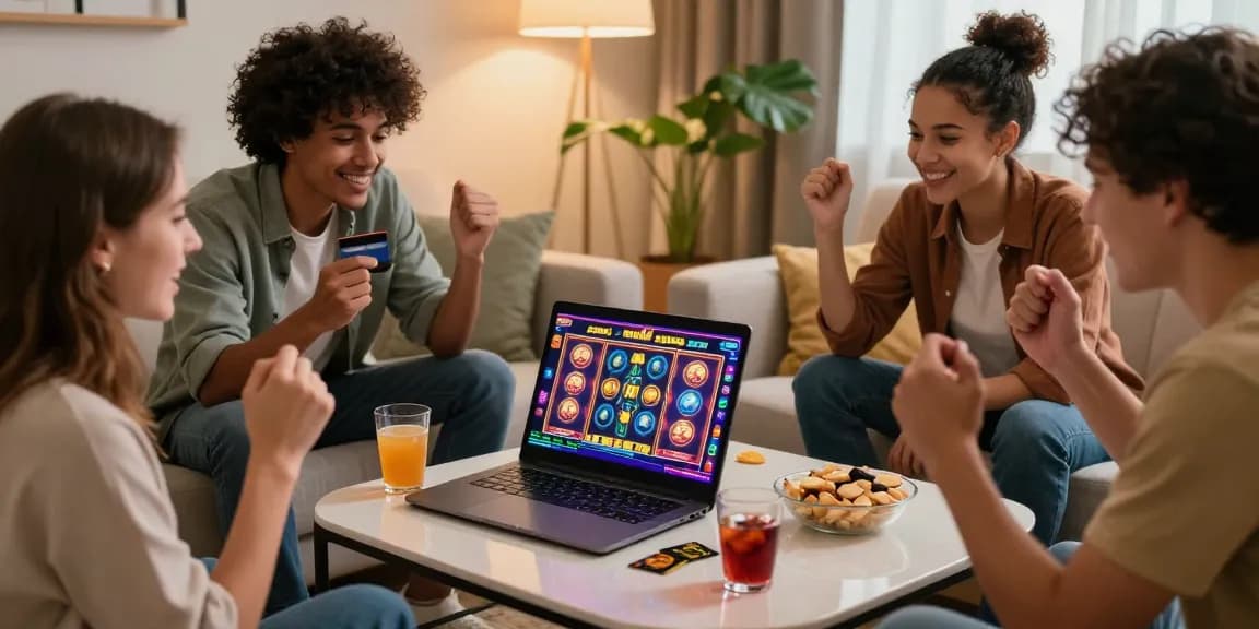 Engaged friends enjoying online casinos that accept credit cards at home, celebrating wins in a cozy environment.