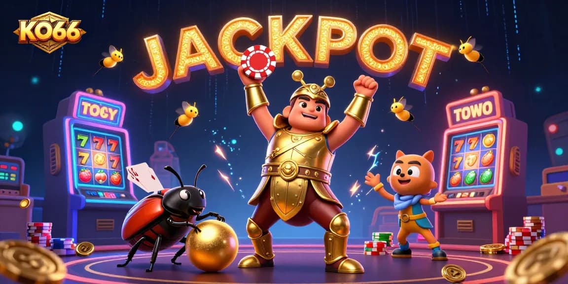 KO66 showcases a victorious beetle with poker chip amidst dazzling slot machines and vibrant casino elements.