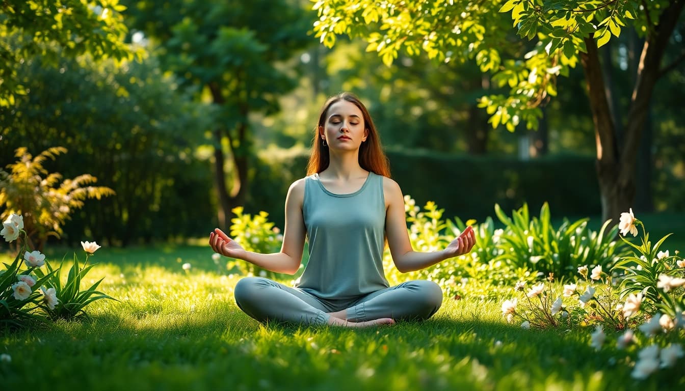 Visualize techniques to manage stress and anxiety through meditation in a peaceful outdoor setting.