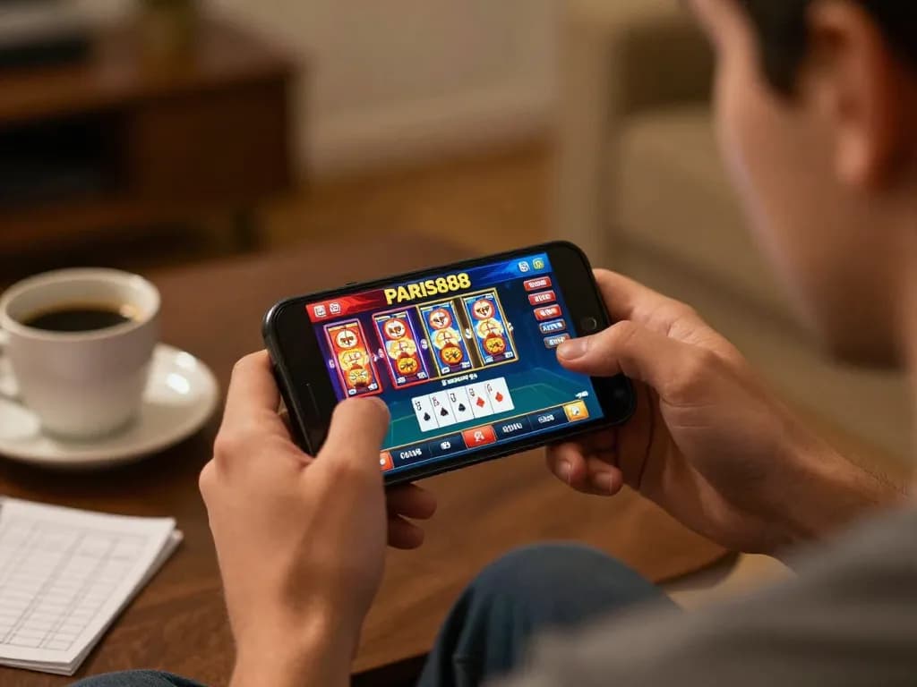 Engaging in Paris888 daftar through mobile gaming, with strategic gameplay visible on smartphone screen, reflective of casino excitement.