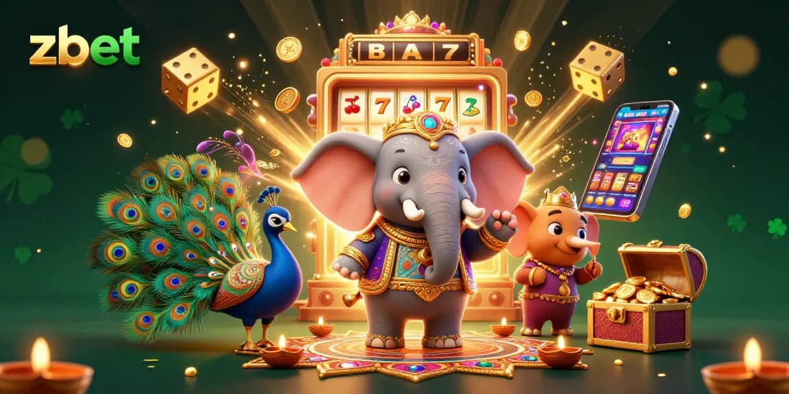 Experience zbet excitement with a vibrant 3D illustration of an elephant, peacock, and slot machine.