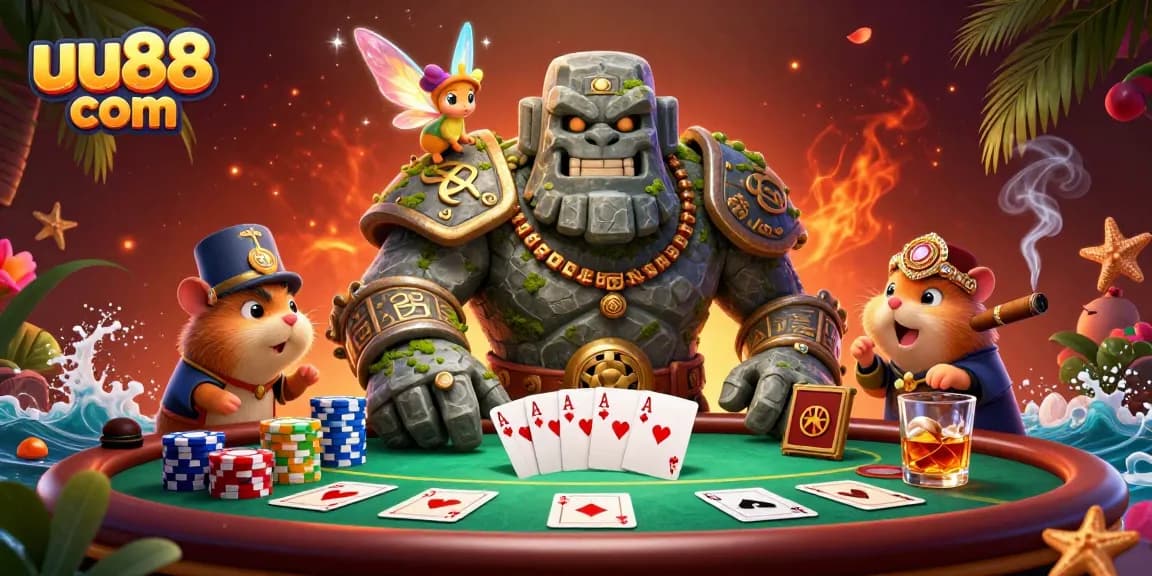 Engage with uu88 com's exciting poker scene featuring whimsical characters and vibrant casino elements.