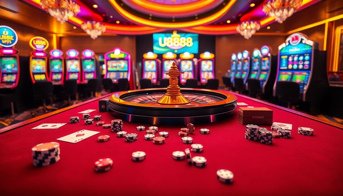 Players enjoying a thrilling U8888 experience at an upscale casino table with poker chips and a roulette wheel.