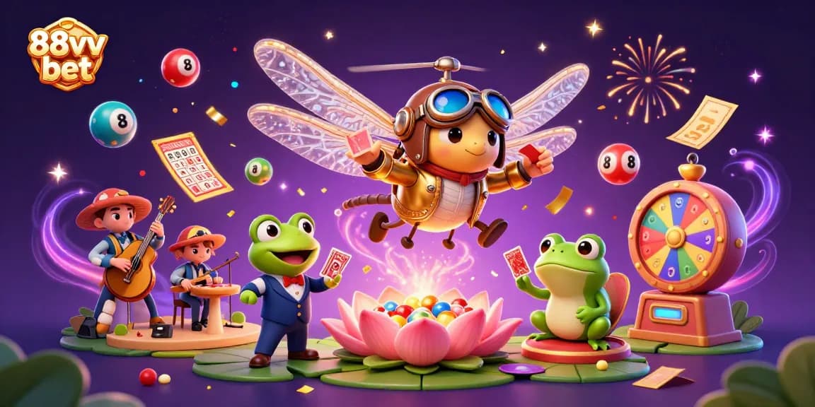 88vv bet illustration capturing a lively casino scene with a dragonfly pilot and frog croupier.