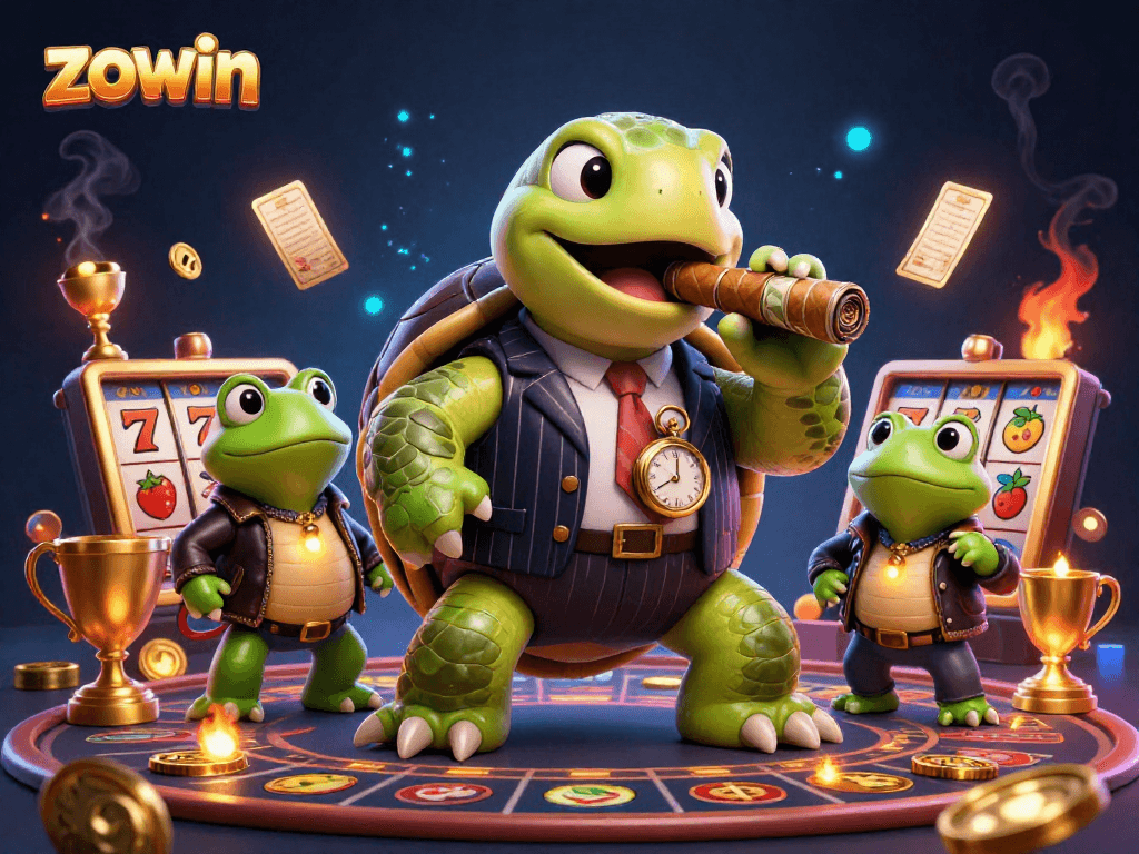 Zowin engages players with a vibrant 3D casino scene featuring a cartoon turtle in a mobster suit.