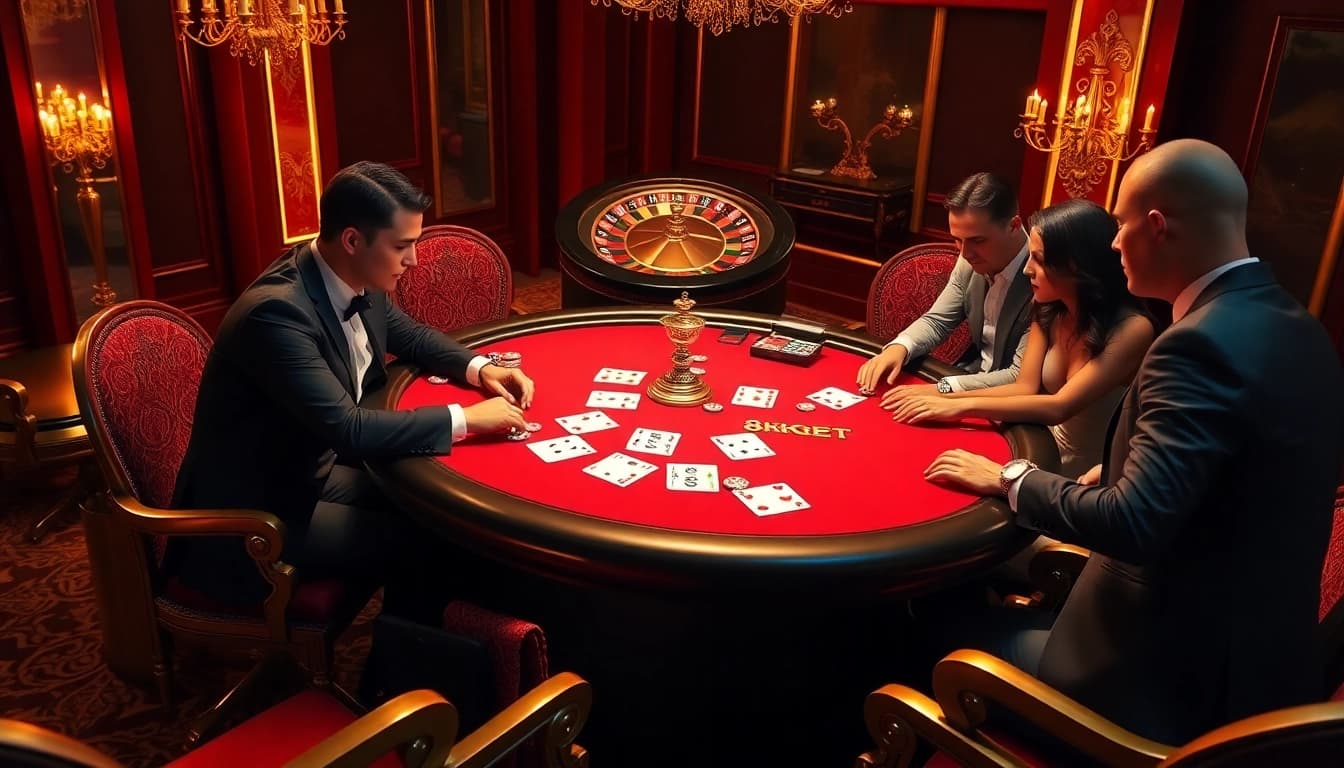 Top players engaged in high-stakes poker at 8kbet's luxurious casino, showcasing skills and strategy.