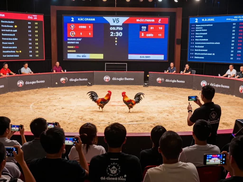 Watching đá gà trực tiếp thomo on a live streaming platform, featuring intense rooster matches and commentator engagement.