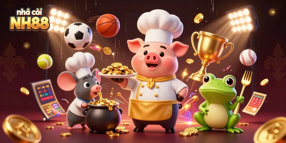Experience nhà cái NH88 with a chef pig and frog critic in a lively casino atmosphere.