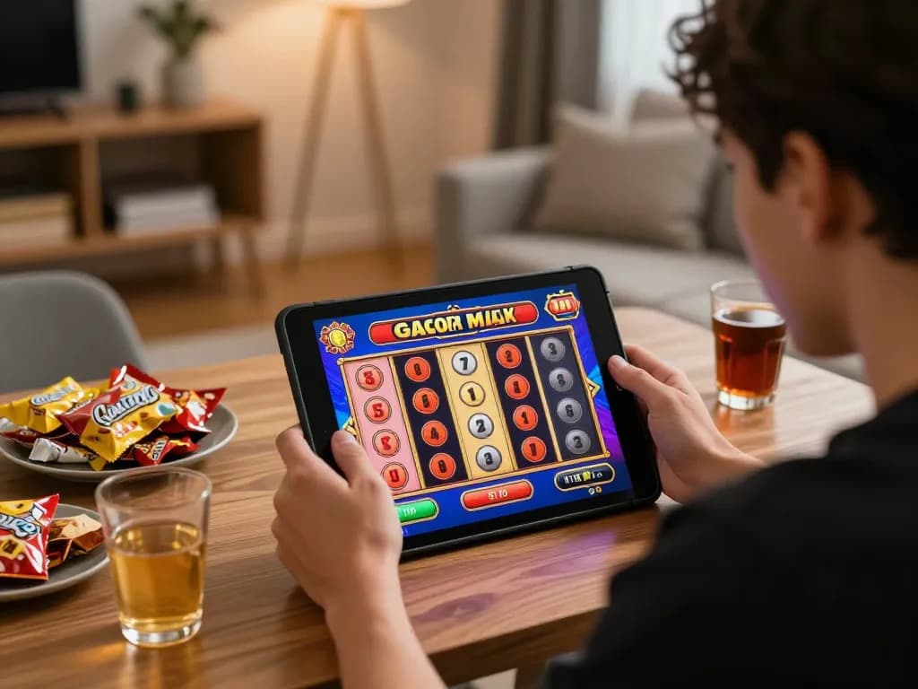 Player enjoying a slot gacor maxwin game on a tablet in a cozy home setting