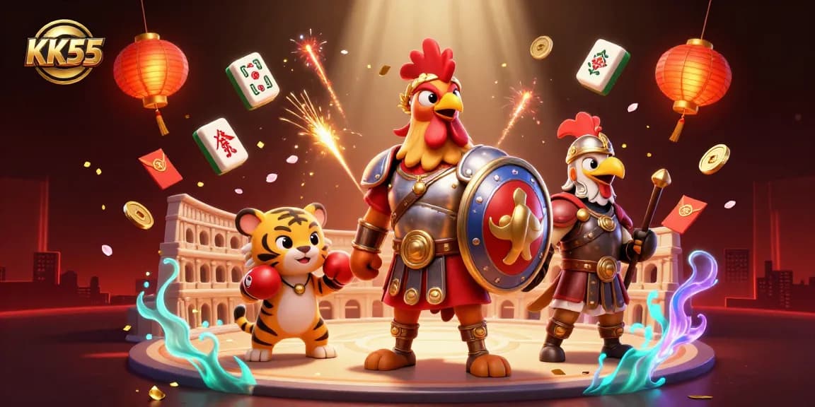 Experience thrilling games with KK55 in this vibrant 3D illustration showcasing gaming elements and characters.