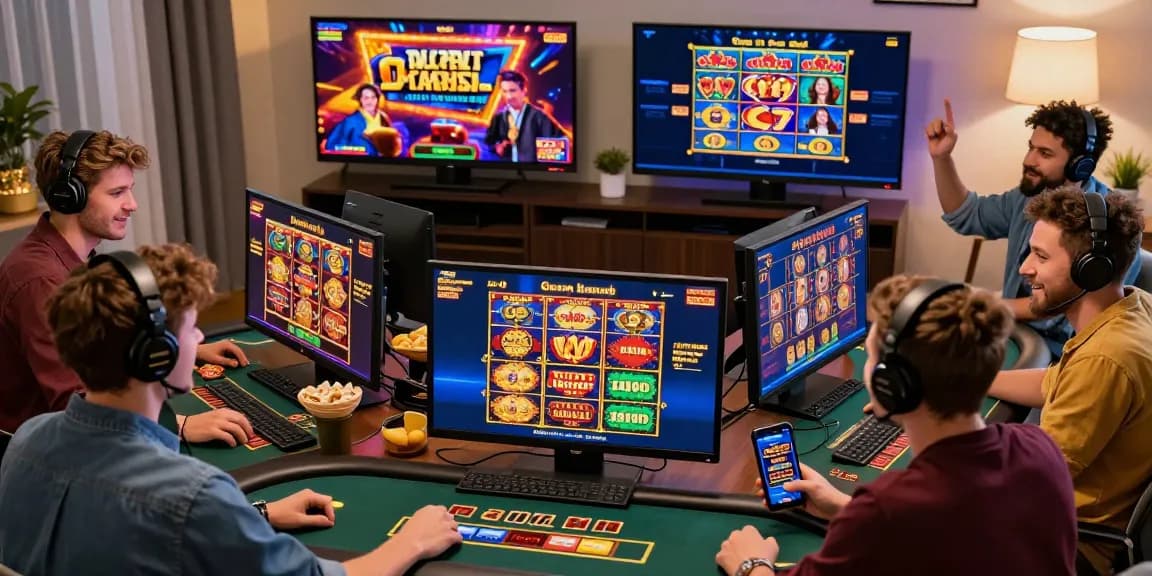 British players enjoying non UK casinos at home via https://sssk.org.uk, celebrating wins with friends and secure payment methods.