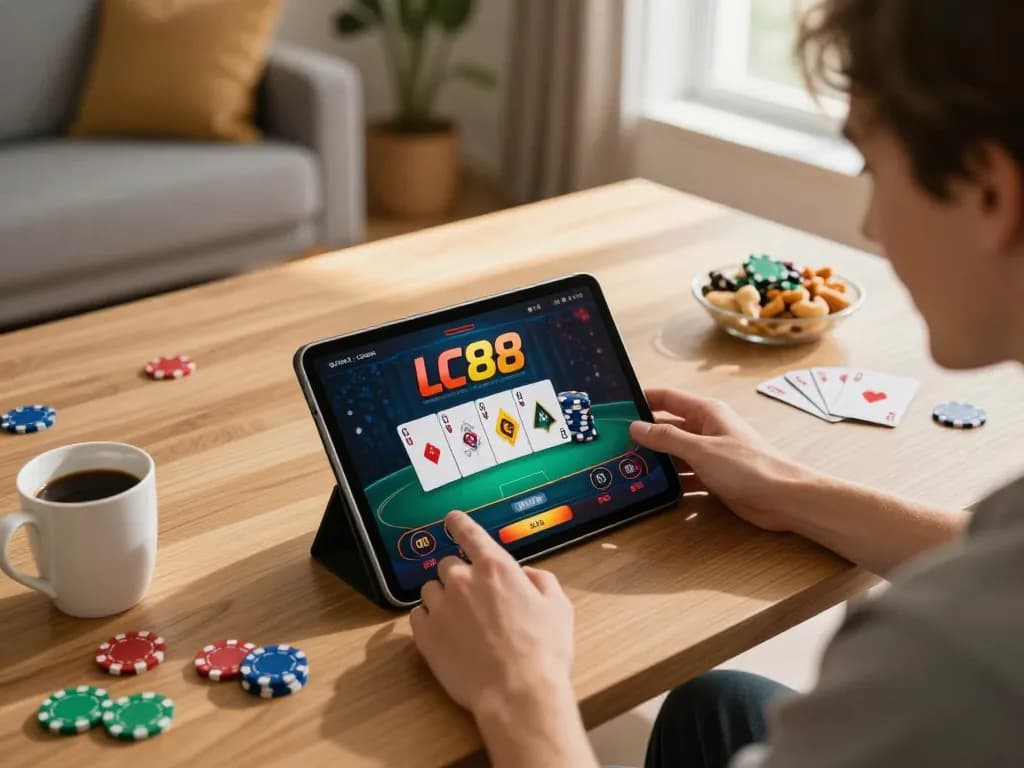 Player enjoying the LC88 online casino app with poker chips and cards in a cozy setting