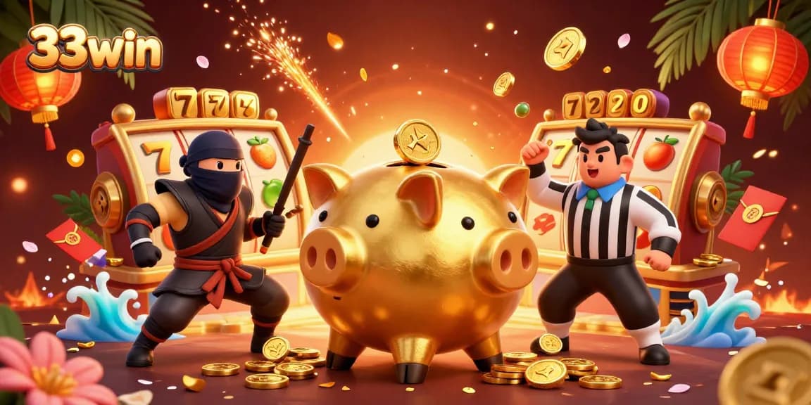 Experience thrilling play at 33win with a golden piggy bank sumo wrestler and captivating casino elements.