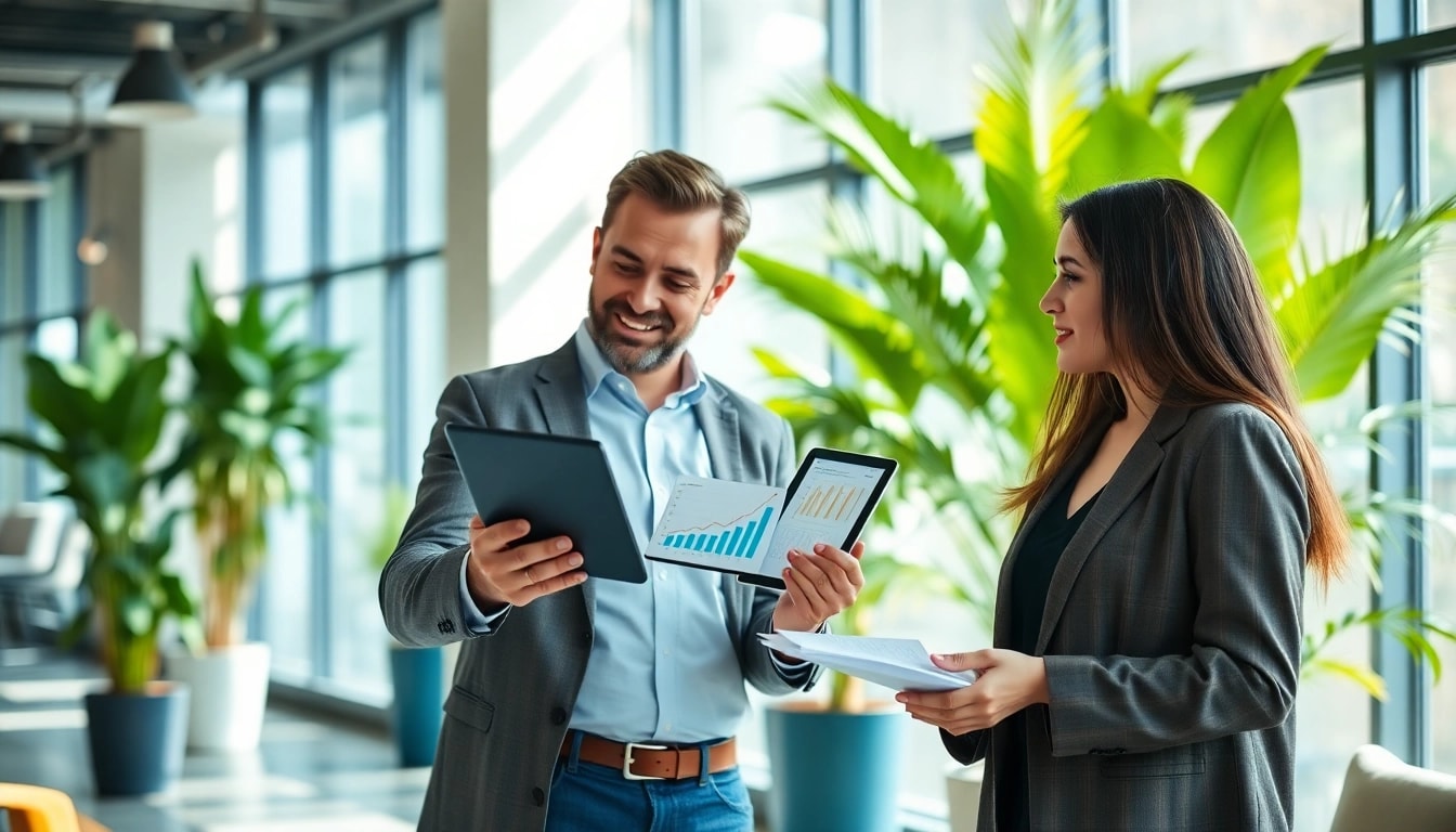Consultants discussing grants with digital tools in a professional office setting.
