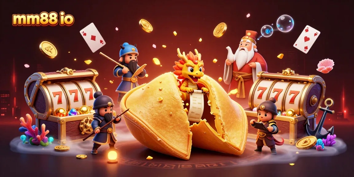 Spin the reels at mm88 io with a vibrant casino-themed illustration featuring a golden fortune cookie and game elements.