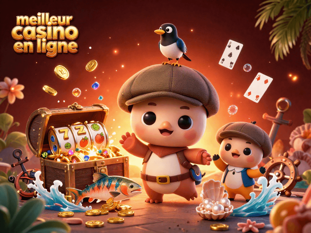 Jouez au meilleur casino en ligne avec une illustration colorée de personnages ludiques et d'éléments de jeu.