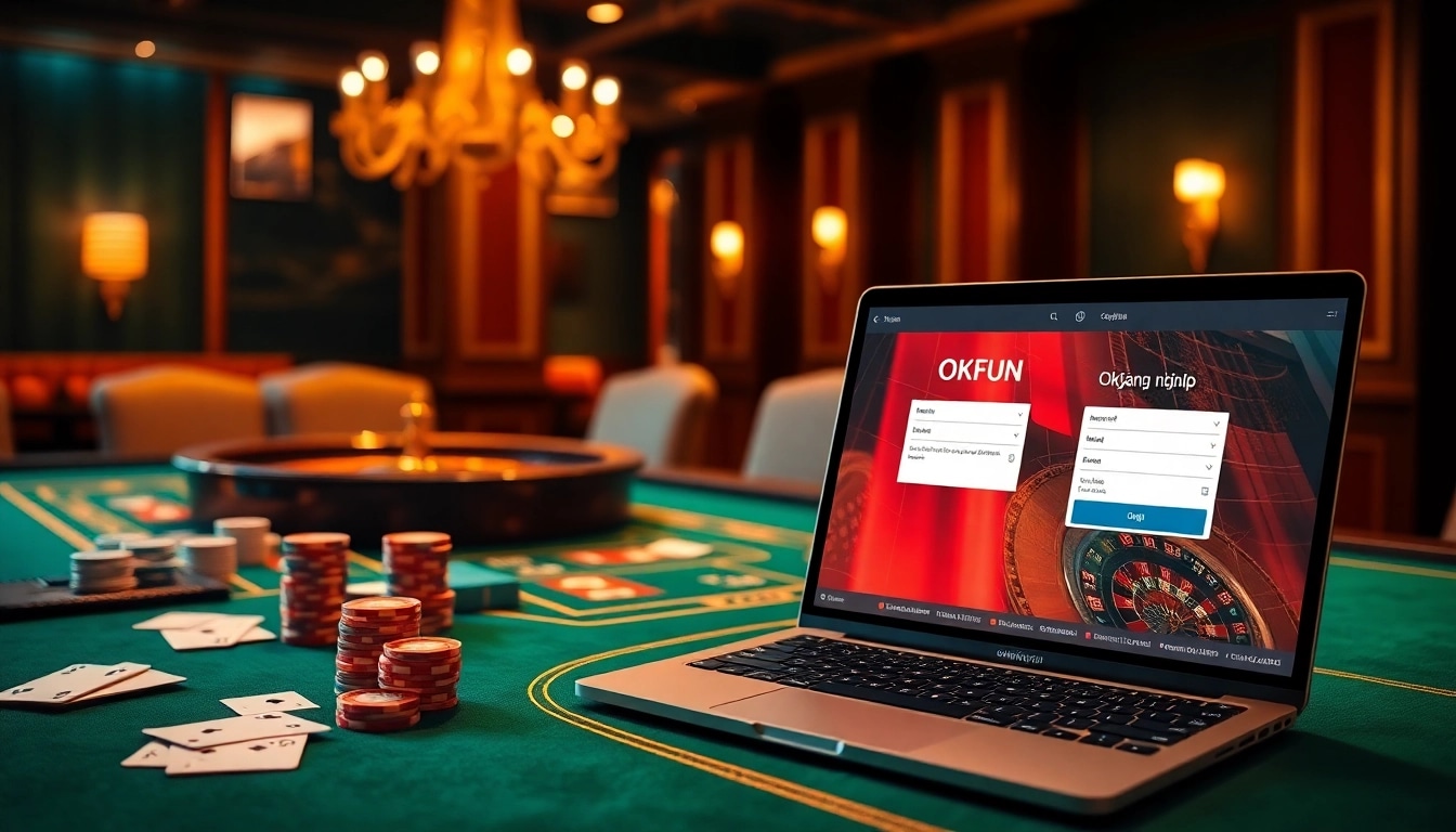 Login interface for Đăng Nhập OKFUN showcasing thrilling casino elements and a vibrant atmosphere.