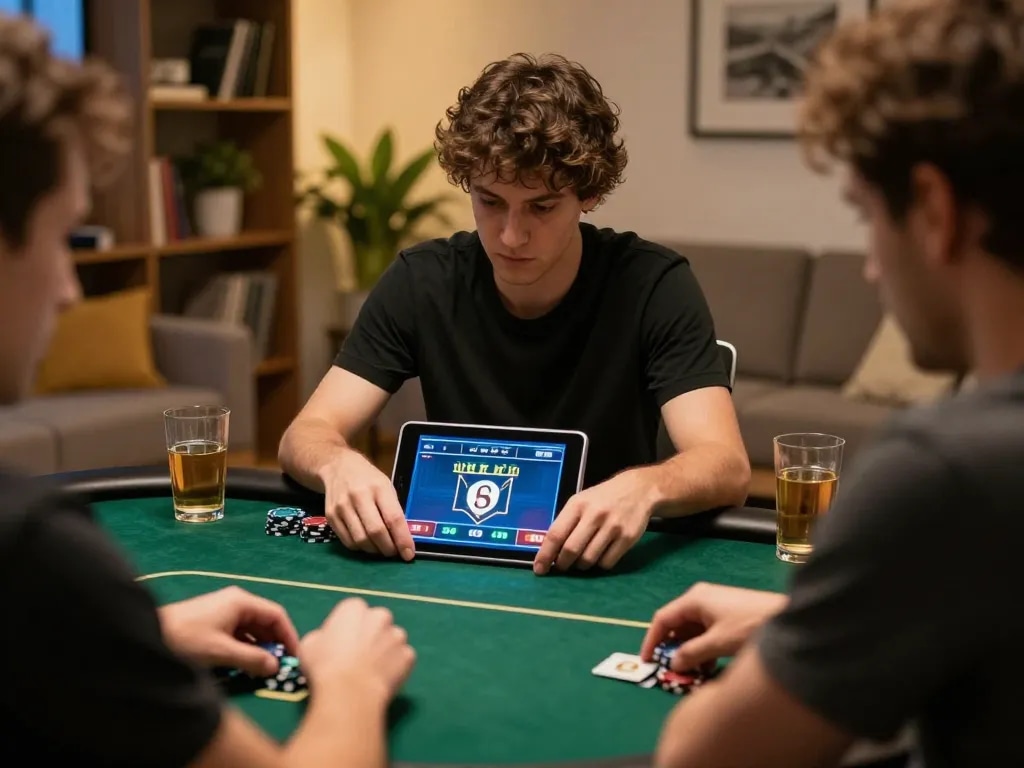 Player engaging in a strategic online poker game using 789f app on a tablet in a cozy setting.