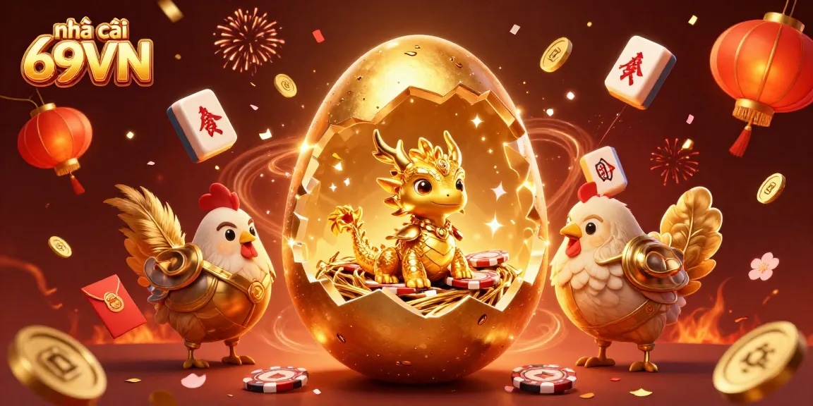 Experience the excitement of nhà cái 69VN with a stunning golden dragon and poker chips.