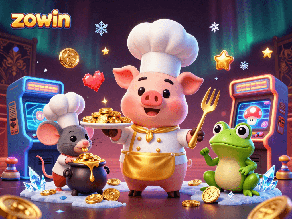 Zowin features a pig chef servin gold coins, showcasing casino vibes with dynamic game elements.