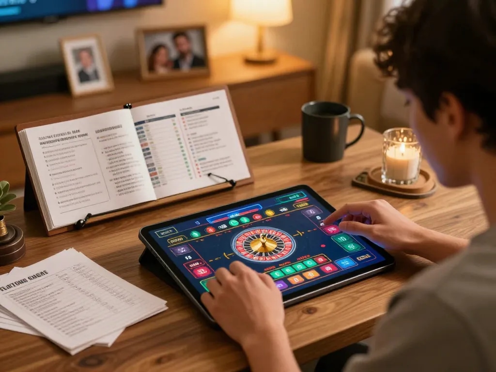 Player engaging with a fly 88 roulette app on a tablet in a cozy home setting, enhancing online gaming experience.