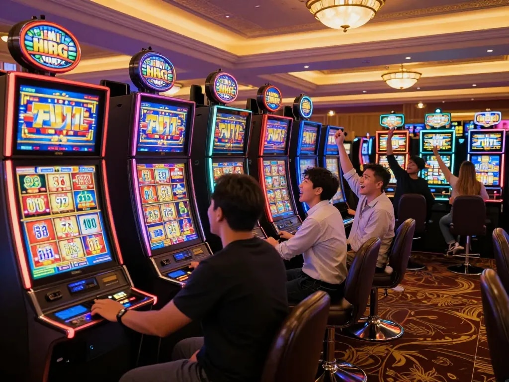 Players enjoying vibrant slot777 machines in a lively casino, with excitement and wins being celebrated.