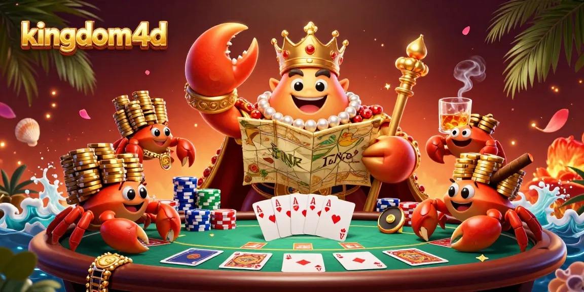 Permainan kingdom4d dengan kepiting emas raksasa dan keripik poker dalam ilustrasi kasino.
