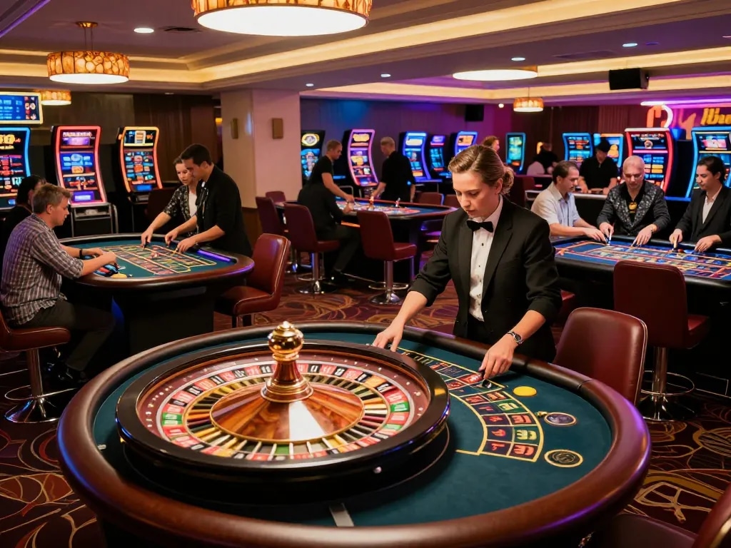 88betcom players enjoying a lively casino atmosphere with roulette wheel spinning.