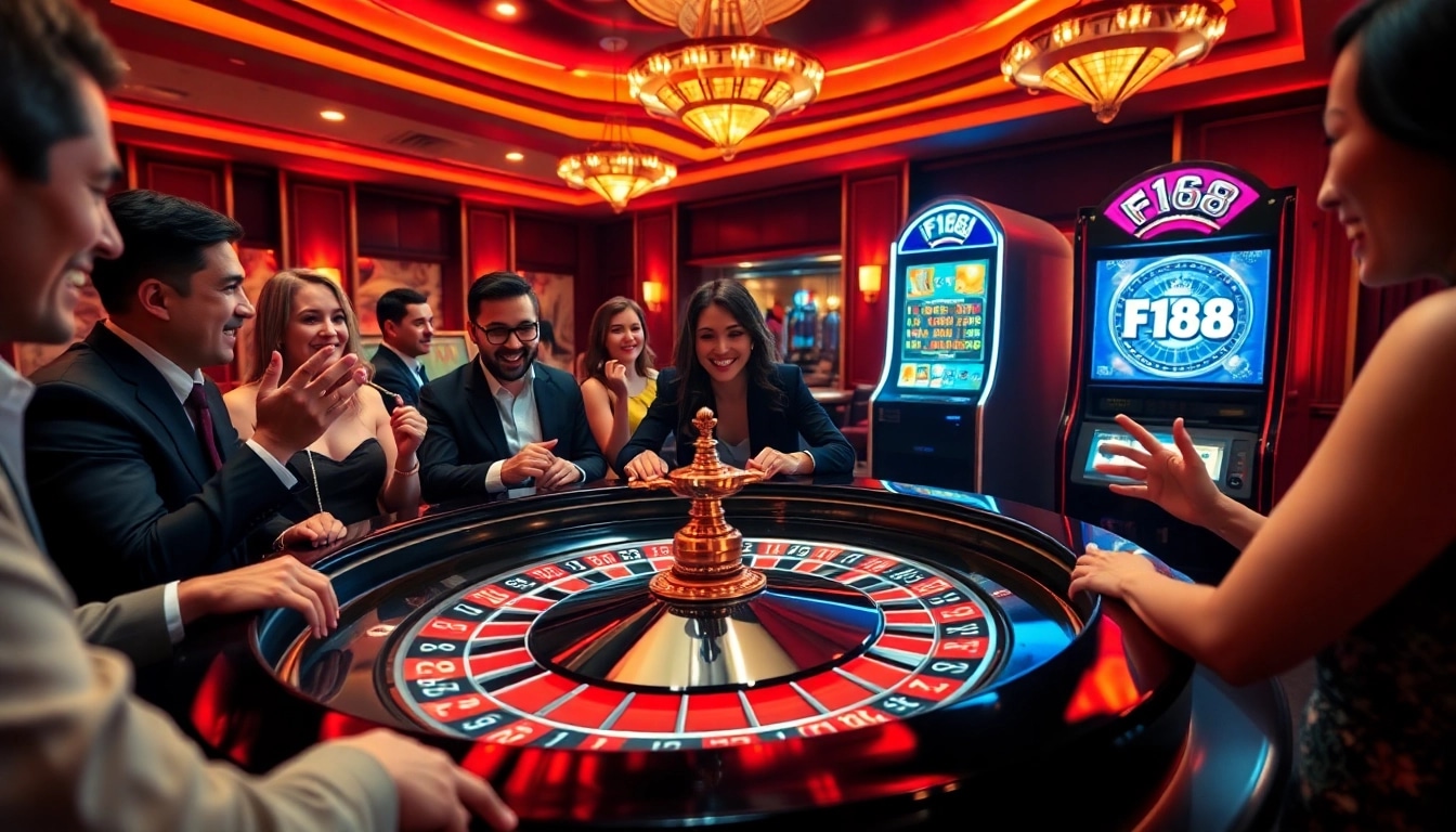 Players enjoying table games and slot machines at F168's luxurious online casino.